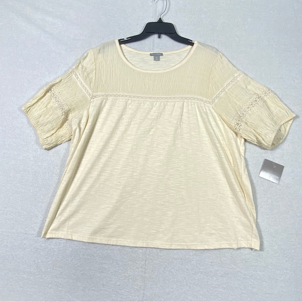 Falls Creek Crochet Mixed Top Women's 3X Cream Short Sleeve Stretch Pullover NWT